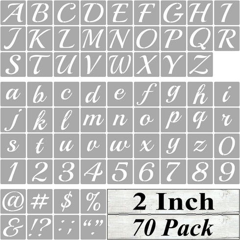 2 Inch Alphabet Letter Stencils for Painting - 70 Pack Letter and Number Stencil Templates with Signs for Painting on Wood, Reusable Cursive Lette...