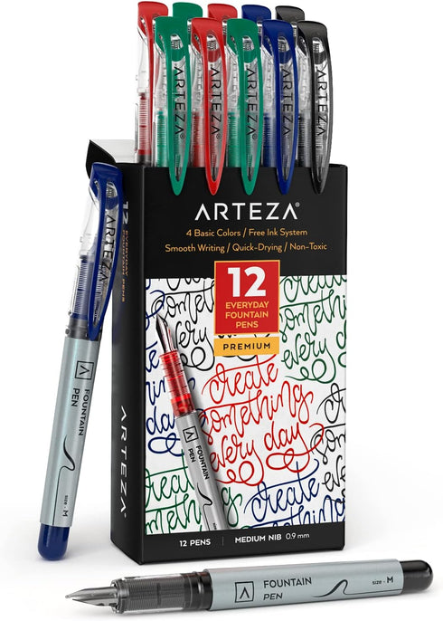ARTEZA Disposable Fountain Pen Set of 12, 4 Basic Colors - Quick-Drying Ink for Smooth Writing, Calligraphy, Journaling, Sketching, and Doodling...