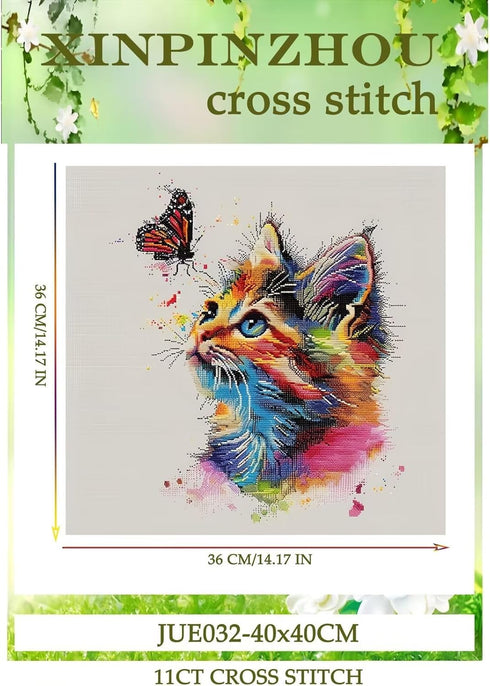 Xinpinzhou Colorful Cat 11ct Cross Stitch Kits, 11 CT Funny Pre Printed Counted Stamped Cross Stitch Embroidery Needlepoint Needlework Patterns Ki...