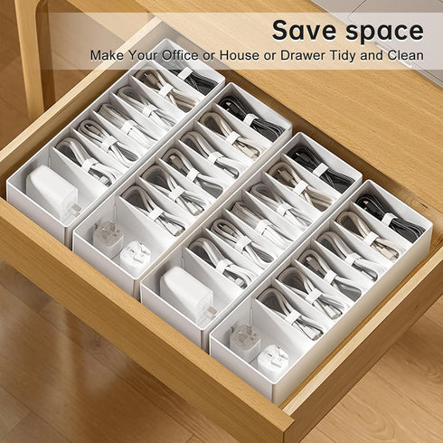 White Plastic Cable Organizer Box with Adjustment Compartments, Stackable Desk Accessories Storage Case with 7 Wire Ties for Drawer Supplies, Stat...
