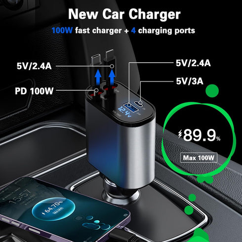 Retractable 3 in 1 Car Charger, Three in one Fast Car Phone Charger, Compatible USB C(Type-C)/Micro USB/Phone, Compatible with IP/Android/Tablets...
