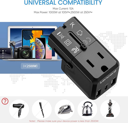 LENCENT International Travel Power Adapter,Mini All-in-One Charger, 2.4A USB, 3.0A Type-C Wall Charger, European Plug Adaptor, Universal Outlet Co...