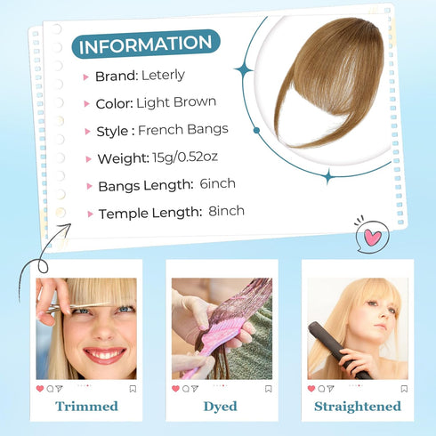 Bangs Hair Clip in Bangs,100% Real Human Hair Extensions French Bangs Clip on Curtain Flat Bangs Fringe with Temples Hairpieces for Women Light Br...