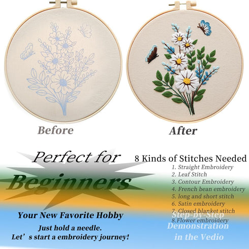 Embroidery Kit for Beginners?Plants Flowers Pre-Stamped Pattern Kits for Adults with Hoop, Easy to Follow Needlework (Butterfly Flower)......