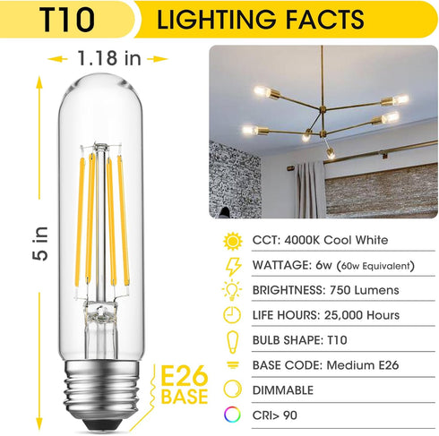 Tubular Light Bulb 6W Equal E26 LED Bulb 60 Watt Dimmable Cool White 4000K E26 Edison Bulb AC120V 750LM T9 T10 LED Bulb for Rustic Pendant, Island...