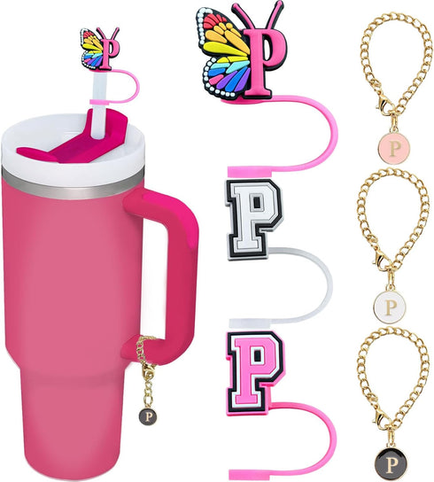 (3+3) 3PCS Straw Cover Cap 30&40 Oz Tumbler, Stanley Straw Topper Letter Straw Cover with 3PCS Letter Charm Chains Stanley Cup Accessories (Letter...