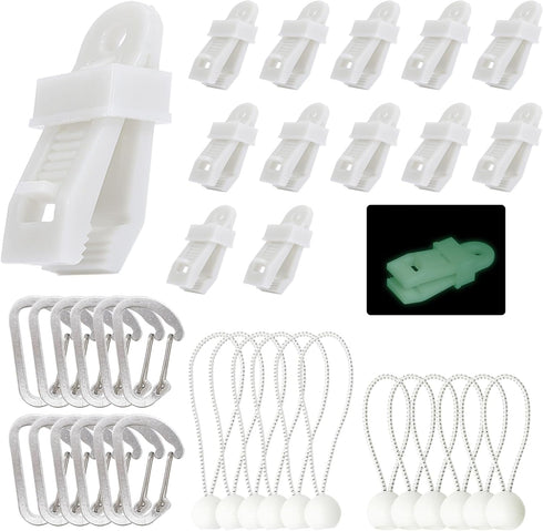 Tarp Clips, 36PCS Heavy Duty Lock Grip Kit Include Tarp Clamps, Carabiner Clips and Bungee Cords Set, Tent Fasteners Clips Holder (Glow)...