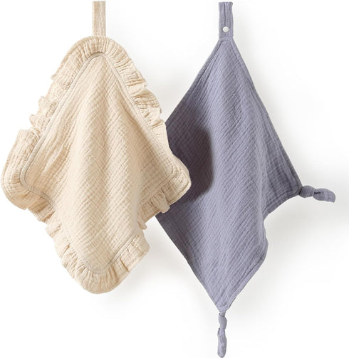 Loveys for Babies, 2 Pack Organic Cotton Muslin with Attachable Snap Closure - Loveys for Babies Newborn Baby Lovey Security Blankets for Babies B...