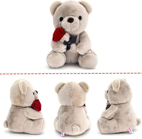 9.8'' Teddy Bear with Rose, Soft Plush Bear Doll Stuffed Animals Toys Valentines Day Decor Gifts for Her/Girlfriend Lover Mom Kids (Gray)...