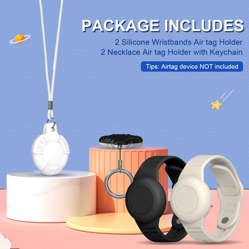 AirTag Case, Waterproof AirTag Bracelet & Necklace for Kids, Soft Silicone Air Tag Holder with Key Ring (Black+ Beige, White)......