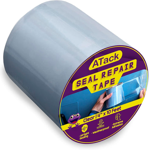 ATack Waterproof Patch and Seal Tape, Clear, 4 Inches x 10 Feet, Water Barrier Tape for Stop Leak Repair on Pipes, Chimney, Roof, Boat, and HVAC...