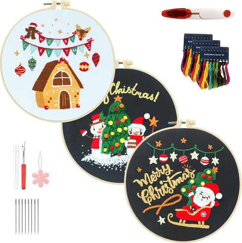 3 pcs christmas embroidery kit,embroidery kit for beginners adults,cross stitch kits with Patterns and Instructions3 Embroidery Hoop 3 Set Embroid...