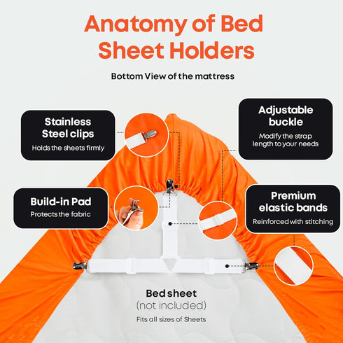 5 STARS UNITED Bed Sheet Straps Set | Easy to Use Adjustable Elastic Fasteners with Metal Clips | Sheet Holders for Corners | Fitted Sheet Clips t...