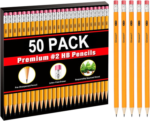 Gloween Wood-Cased #2 HB Pencils Bulk, 50 Pack Pre-Sharpened Yellow Pencils for Office School Supplies...