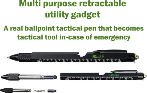 Uzi Tactical Utility Pen Features Screwdriver, Stylus, Ruler, Phone Holder, A Level, LED Light, Refillable Ballpoint Writing Tactical Pen, Black, ...