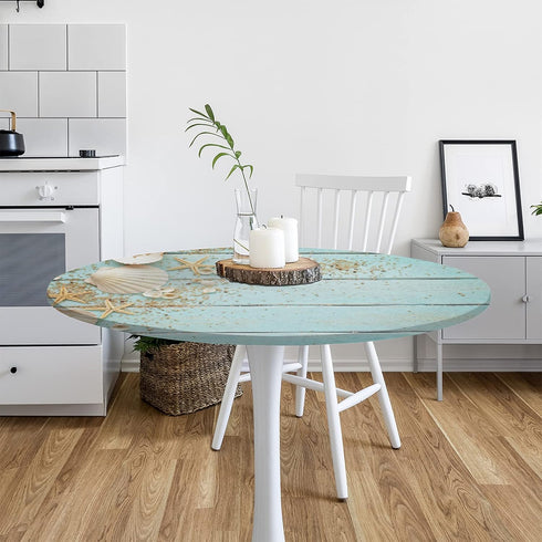 Beach Fitted Round Table Cloth Summer Wood Starfish Outdoor Table Cover with Elastic Edge (Fit for 40"-44" Tables) Waterproof Non Slip Coastal Rou...