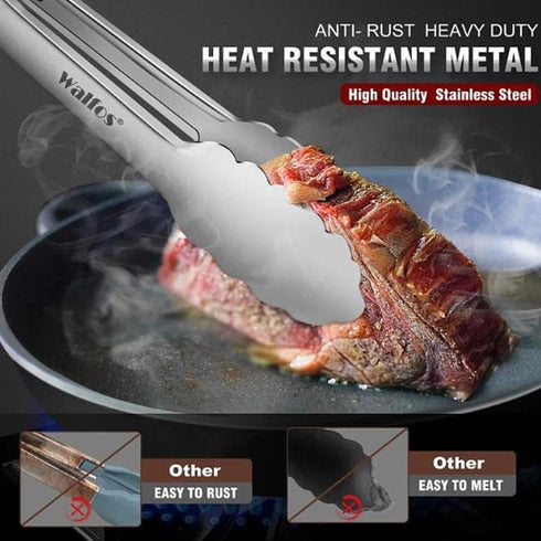 Walfos All Metal Kitchen Tongs for Cooking, BBQ Grilling, 600? Heat Resistant Stainless Steel Tongs - Heavy Duty 7 ?9 and 12 Inch Locking Tongs Se...