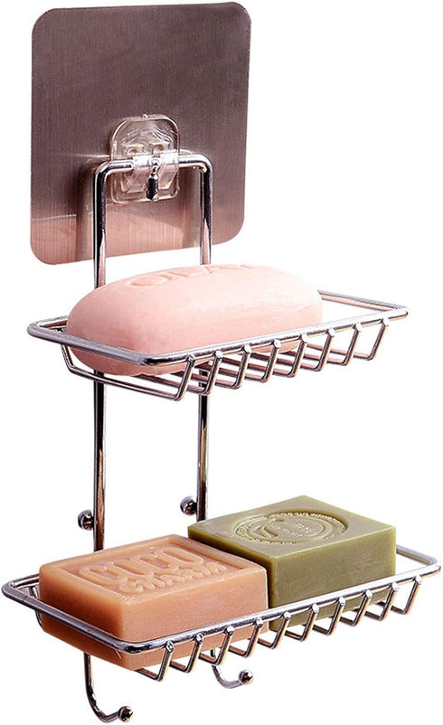 2 Tier Soap Dish with Hooks,Stainless Steel Bar Soap Holder for Shower Wall,Wall Mounted Soap Sponge Holder for Shower Caddy Bathroom Kitchen,Powe...