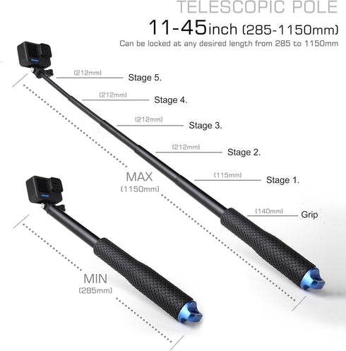 11''-45''Alumium Handheld Waterproof Selfie Stick Underwater Pole Handle Grip Monopod for Gopro Hero Session Max Insta360 AKASO DJI OSMO Digital A...