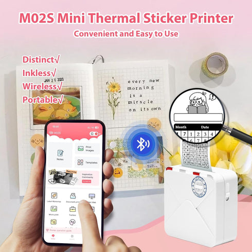 Mini Pocket Printer - M02S Upgrade 304DPI Wireless Bluetooth Thermal Sticker Printer, Compatible with iOS and Android, Print 3 Size Papers, Inkles...