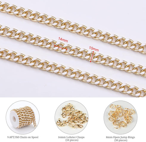 KUYUNHOO 9.8 Feet White Oil Drip Cuban Chain Link Gold Plated Aluminum Chains for Jewelry Making Enamel Jewelry Chains on Bulk with Jewelry Clasps...