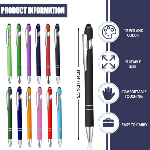 12 Pcs Blue Ink Ballpoint Pen with Stylus Tip, 1.0 mm Metal Pen Stylus Pen for Touch Screens, 2 in 1 Thank You Pen Gift for Friends, Colleagues, C...