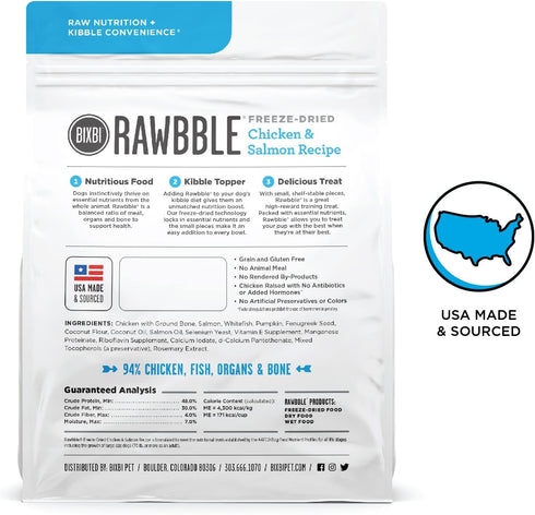 BIXBI Rawbble Freeze Dried Dog Food, Chicken & Salmon Recipe, 4.5 oz - 94% Meat and Organs, No Fillers - Pantry-Friendly Raw Dog Food for Meal, Tr...