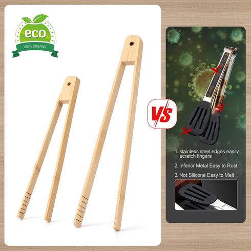 4 Pcs Bamboo Tongs Set: Wooden Tongs for Cooking, 11.8in Kitchen Long Tongs & 9.8in Toaster Tongs, Bamboo Tongs for Kitchen Salad, Bacon, Pickles,...