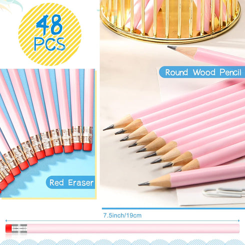 48 Pieces Round Wooden Pencils 2 HB Pencils with Red Eraser Blank Cool Pencils Kids Pencils Wood Unsharpened Pencil for School Drawing Sketching W...