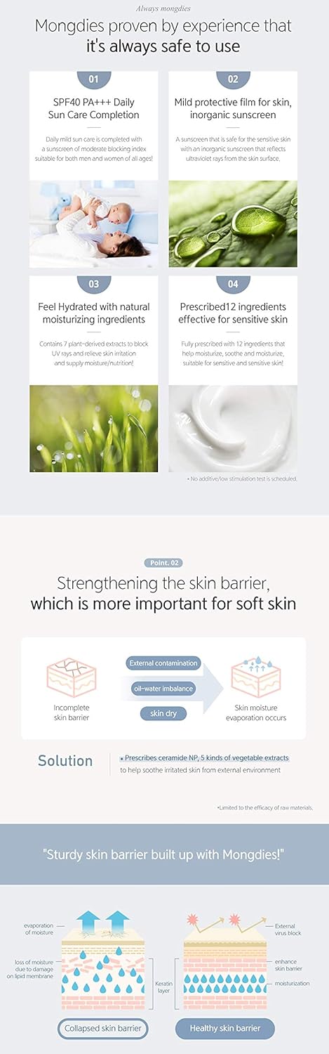 Mongdies Baby Sun Cream SPF30 PA+++ -100% SAFE Moist and Gentle Non-Sticky No White Cast Light-Weight Inorganic Sunscreen, EWG Green, Plant-derive...