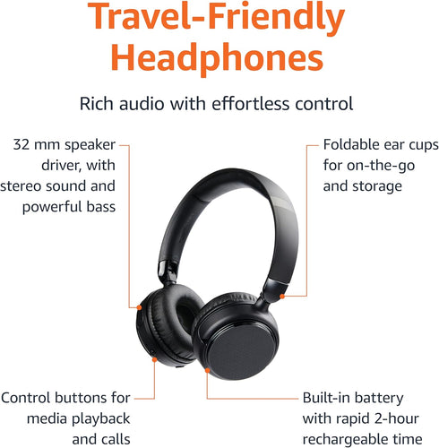 Amazon Basics Bluetooth Wireless On Ear Headphones with Microphone, 35 Hour Playtime, Foldable, One Size, Black...