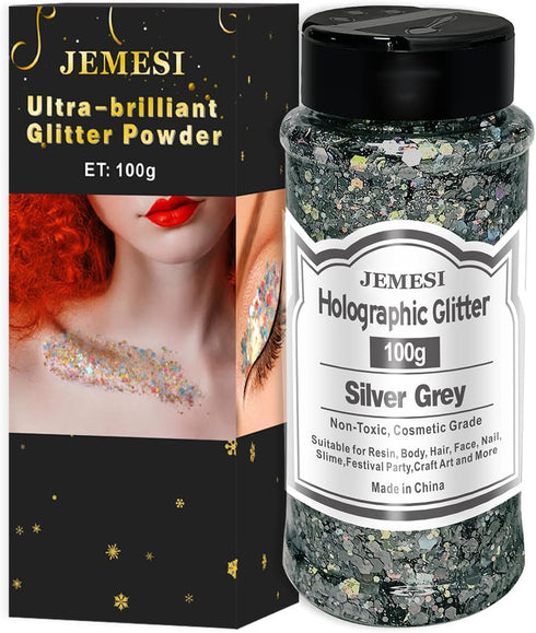 Holographic Chunky Glitter, 100g/0.35oz Silver Grey Cosmetic Craft Glitter for Epoxy Resin, Nail Sequins Iridescent Flakes, Body, Face, Hair, Nail...