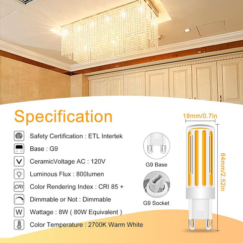 G9 LED Bulb Dimmable 8W, 60-80 Watt T4 G9 Halogen Equivalent, 2700K Soft Warm White, Ceramic G9 Bi Pin Base, 120V 800LM for Chandelier Ceiling Pen...