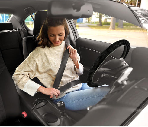 3 Pcs Fluffy Fur Auto Steering Wheel Cover and Seat Belt Cover Set Include Fuzzy Steering Wheel Cover, 2 Seatbelt Shoulder Pad Comfort Anti Slip C...