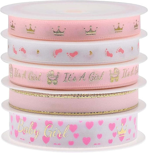 LaRibbons 5 Rolls Baby Girl Light Pink Satin Ribbon for Gift Wrapping, Craft Ribbon for Baby Shower, Birthday, Wreath, Party Decoration, 5Yards/Ro...