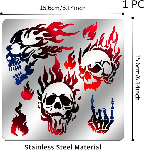 6x6 inch Metal Skull Stencil Fire Skull Pyrography Stencils Template for Halloween Wood Carving, Drawings and Woodburning, Engraving and Scrapbook...
