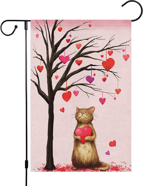 Valentine's Day Cat Garden Flag, Valentines Heart Love Tree Burlap 12 x 18 Inch Double Sided Yard Flag, Spring Seasonal Outdoor Decoration for Val...