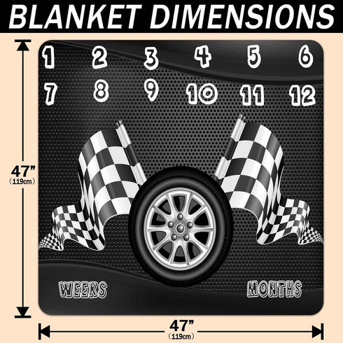 Racing Baby Monthly Milestone Blanket, Boy Racer Car Tires Black White Checkered Flag, Newborns 1 to 12 Months Unisex Include 4 Frames and 1 Headb...