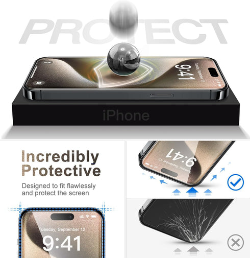 CANSHN [3+3 Pack for iPhone 15 Pro Screen Protector Tempered Glass & Camera Lens Protector Accessories with Easy Installation Frame, Double Shatte...