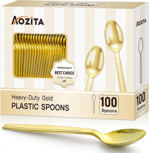 100 Gold Disposable Plastic Spoons, Heavy Weight Disposable Spoons Plastic Utensils for Parties, Weddings, Picnics, Big Event, Daily Use - BPA FRE...