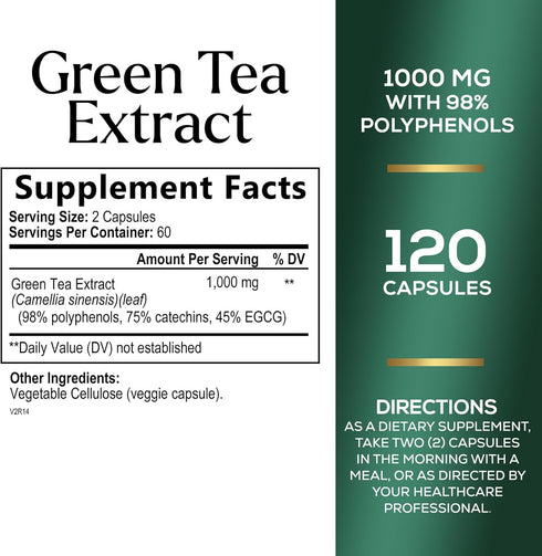 Green Tea Extract Pills 1000mg with EGCG for Heart Support with Antioxidants - 98% Standardized Polyphenols - 3X Absorption Green Tea Capsules for...