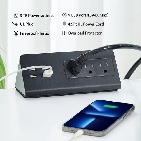 Desk Edge Mount Power Strips with USB Ports-UL Plug Outlets 1250 Joulets Surge Protector Tabletop Power Sockets for Nightstand/Home Office/Dormito...
