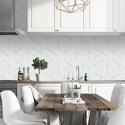 Peel and Stick Wallpaper Geometric Removable Wallpaper Self Adhesive Contact Paper for Furniture Refurbishment and Home Decorative (Silver- 17.7 i...