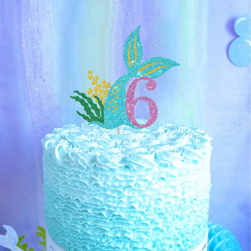 Mermaid Six Cake Topper, Happy 6th Birthday Cake Decor, I'm Six Sign, Little Mermaid Birthday Party Decoration Supplies, Daughter of the Sea, Unde...