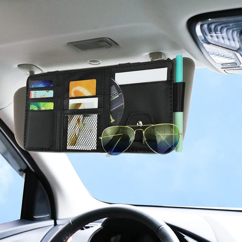 Car Sun Visor Organizer, Leather Pocket Organizer Sunglass Holder for Car Interior Accessories with Multi-Pocket Net Zipper (Black)...