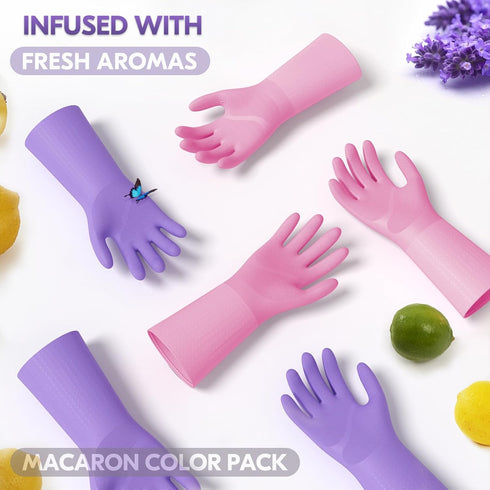 Vgo... 2 Pairs Reusable Household Aromas Gloves,Innovative Lined Dishwashing Gloves,Durable Cleaning Gloves,Long Sleeves Kitchen Gloves(Violet&Pin...