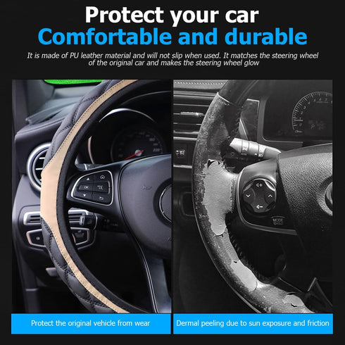 Car Steering Wheel Cover, 15 Inch Steering Wheel Protector Car Decorations for Women Men, Leather Elastic Anti-Slip Auto Kit Replacement, Car Inte...
