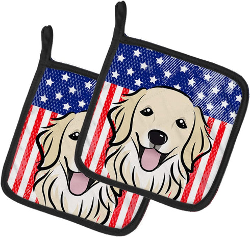 Caroline's Treasures BB2135PTHD American Flag and Golden Retriever Pair of Pot Holders Kitchen Heat Resistant Pot Holders Sets Oven Hot Pads for C...