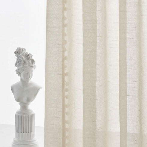 Treatmentex Pom Pom Linen Sheer Curtains for Living Room 63 inches Length Slub Textured Natural Farmhouse Window Sheers Drapes 52" w x 2 Pack, Rod...