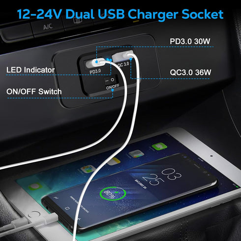 Linkstyle 12V USB Outlet, 36W QC3.0 USB-A Port & 30W PD3.0 USB-C Port Charger Socket, Blue Indicator, Switch, for Marine Trunk...